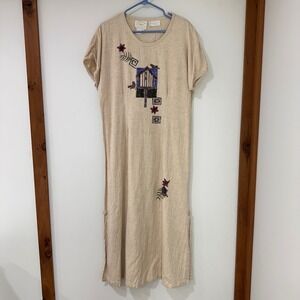 Vintage Country Wear Casuals Birdhouse Art Maxi Dress‎ Womens M Linen Blend Boho